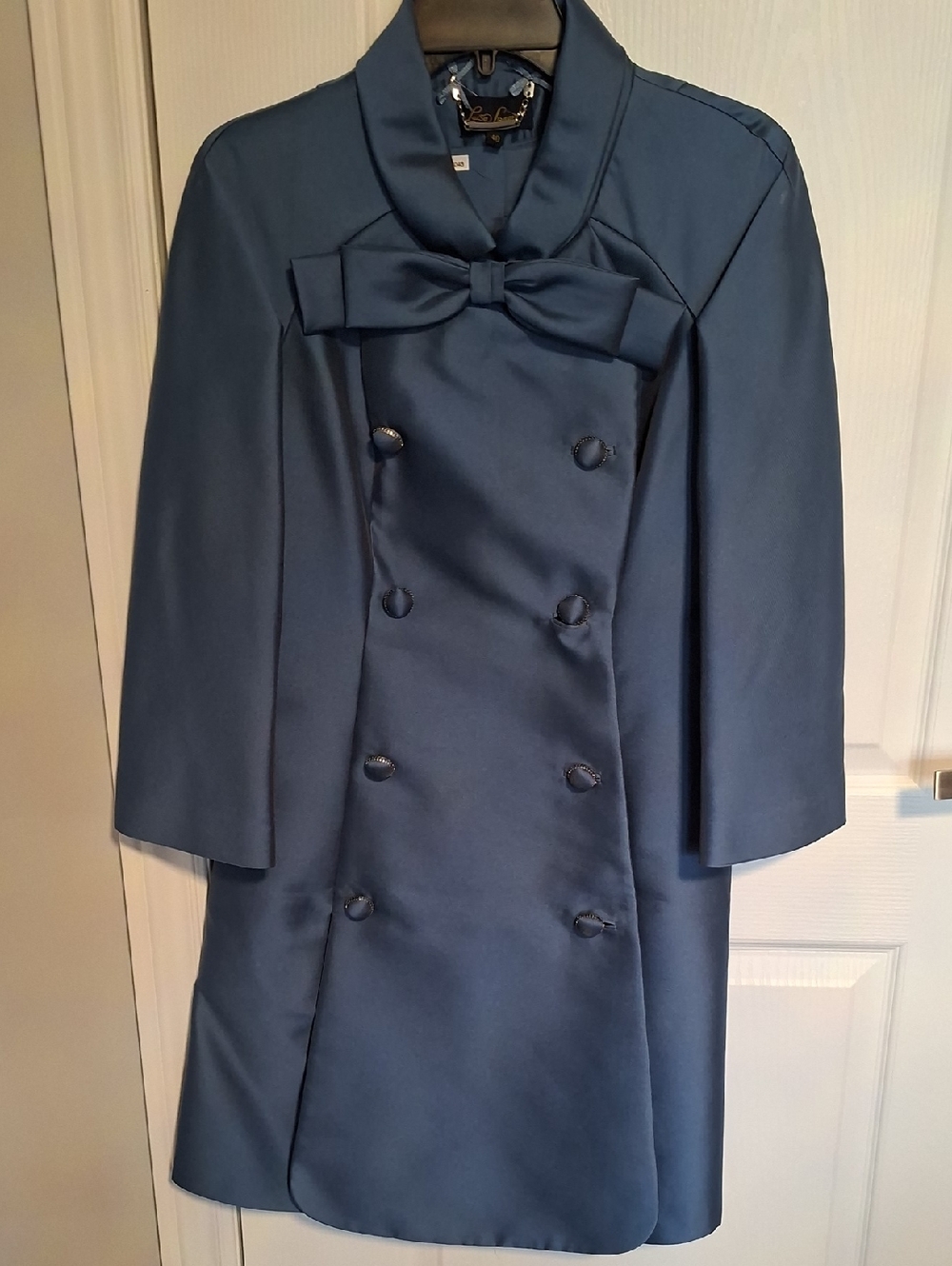 Luisa Spagnoli Navy Blue Double-Breasted Trench Coat with Bow